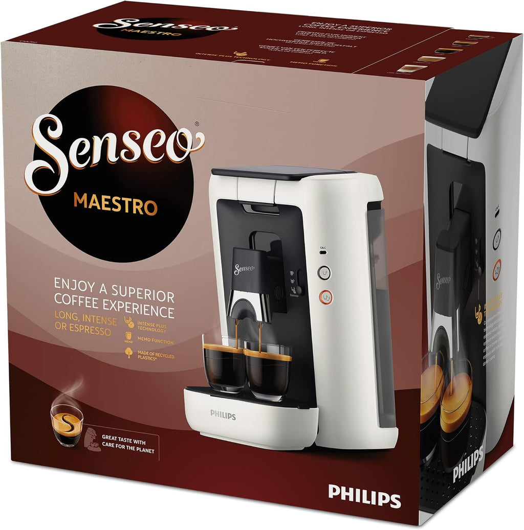 Phillips CSA260/10 Senseo Maestro Pod Coffee Machine, 1.2 Liter Water Tank, Coffee Strength Selection and Memo Function, Green Product, Colour: White