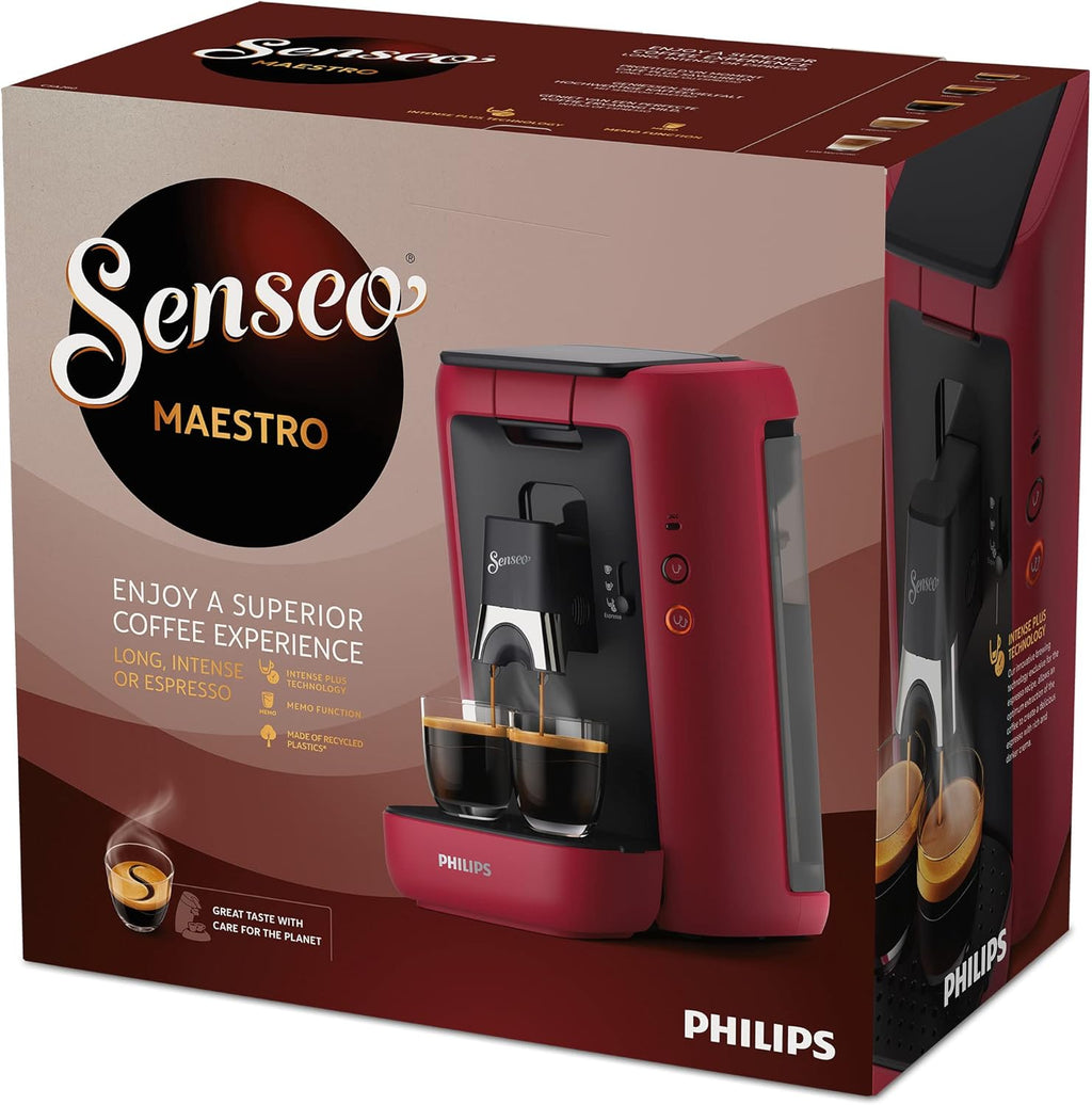 Philips CSA260/90 Senseo Maestro Pod Coffee Machine, 1.2 Liter Water Reservoir, Coffee Strength Selection and Memo Function, Green Product, Colour: Red