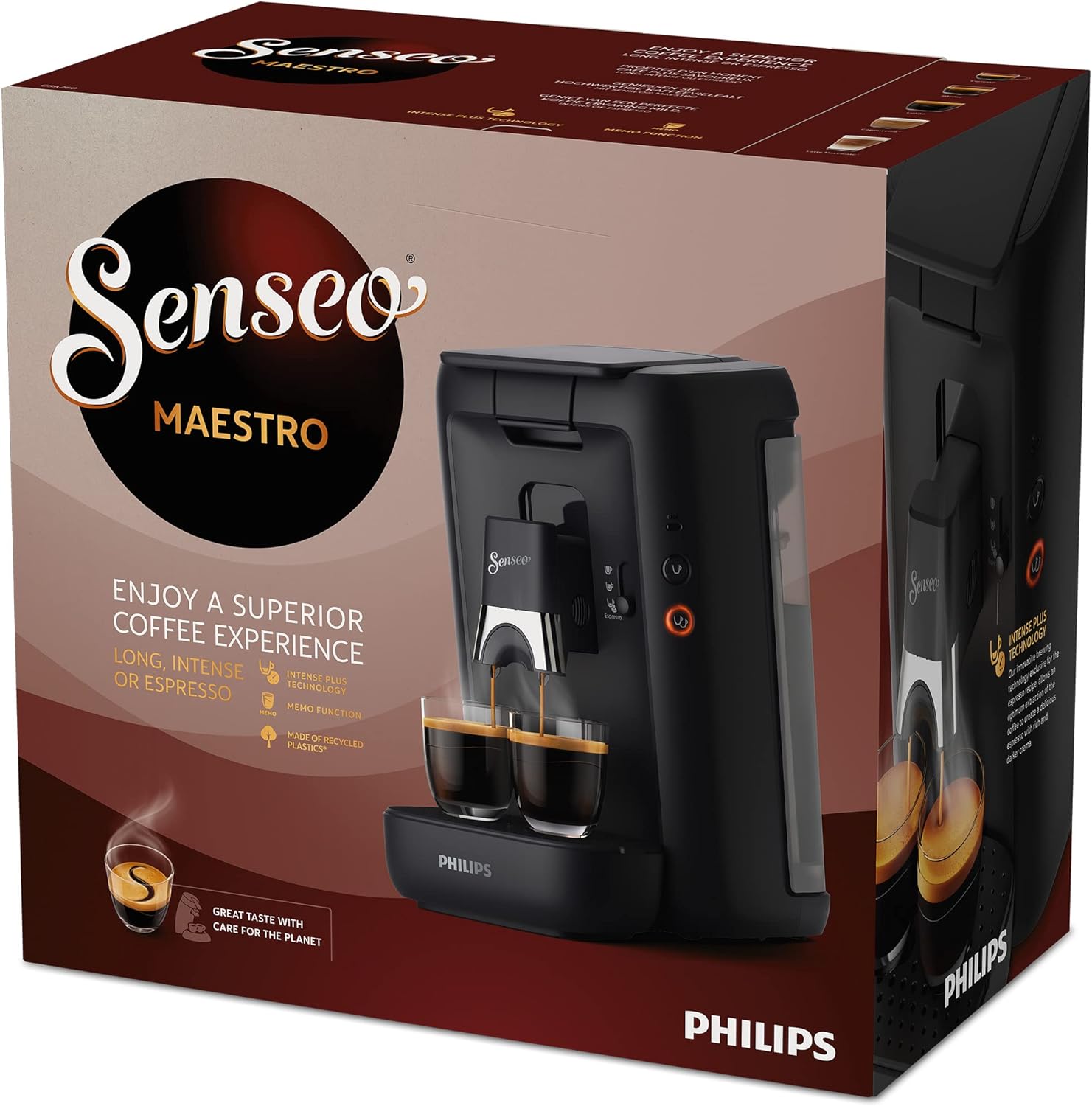 Philips Domestic Appliances CSA260/61 Senseo Maestro Coffee Pod Machine with 1.2 L Water Reservoir Choice of Coffee Strength and Memo Function, Green Product, Colour: Black