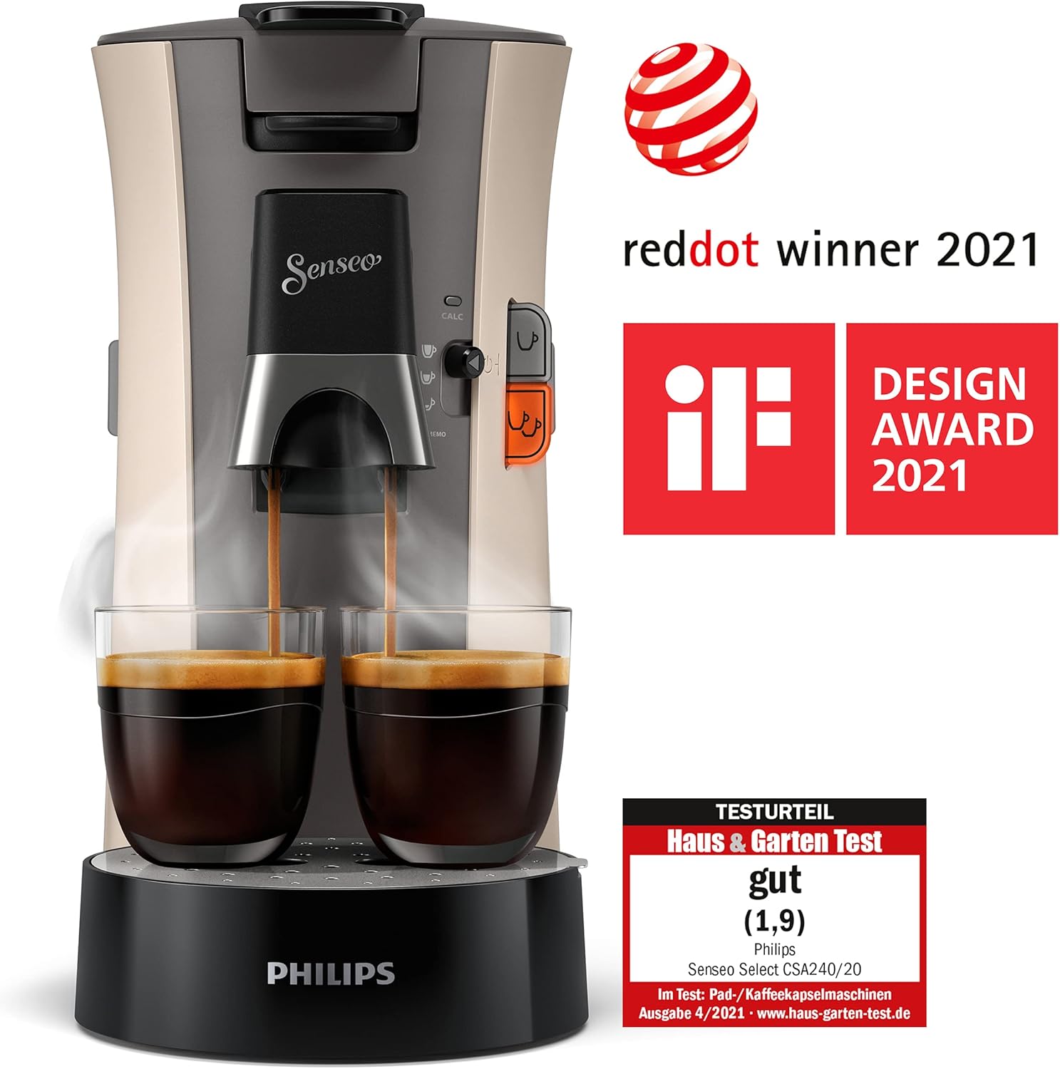 Philips Senseo Select Coffee Pod Maker - 3 Coffee Variations (Mild, Strong or Powerful Espresso) - Brew 1 or 2 Cups At the same time - 0.9 Litre Water Tank - Adjustable spout - Eco - Nougat - CSA240/30