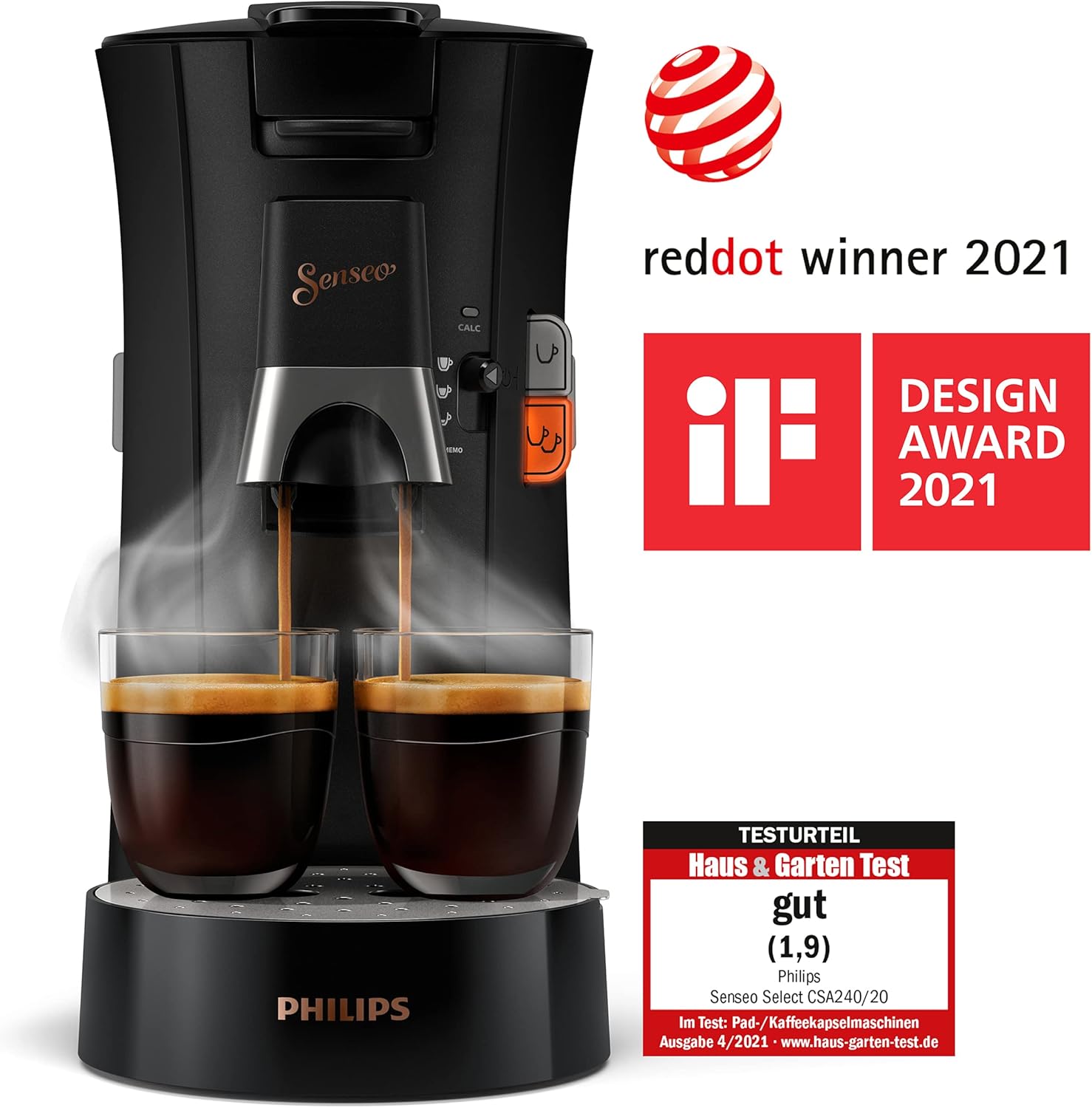 Philips Senseo Select Coffee Pod Maker - 3 Coffee Variations (Mild, Strong, Powerful) - Brew 1 or 2 Cups At Once - 0.9L Water Tank - Adjustable spout - Black (CSA240/60)