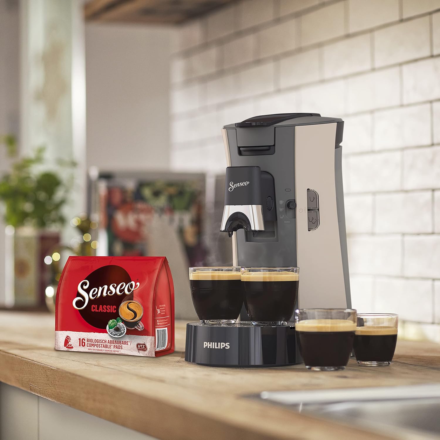 Philips Senseo Select Coffee Pod Maker - 3 Coffee Variations (Mild, Strong or Powerful Espresso) - Brew 1 or 2 Cups At the same time - 0.9 Litre Water Tank - Adjustable spout - Eco - Nougat - CSA240/30